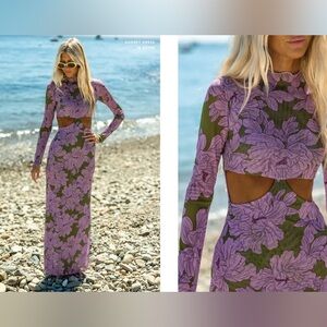 RESA Salty Blonde Audrey in Aster lilac purple and Green Floral Mesh Maxi Dress